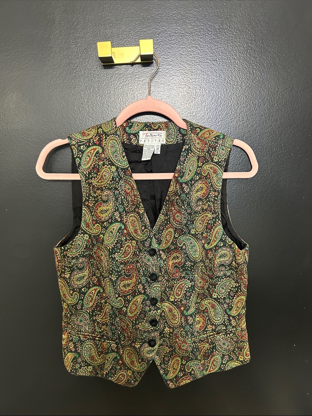 Vintage Talbots Petite Paisley Button-Front Vest in Green, Gold & Black